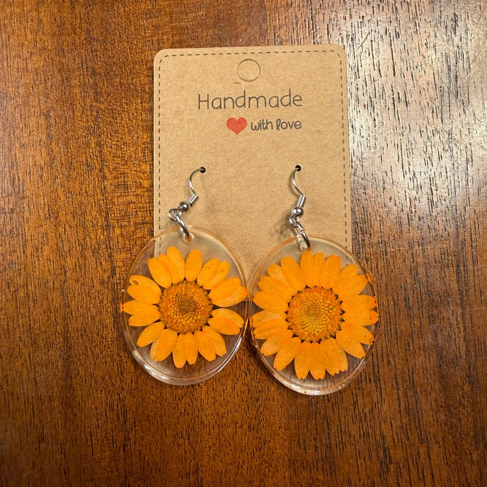 Orange Daisy Pressed Flower Resin Earrings | Handmade Round Dangle Earrings